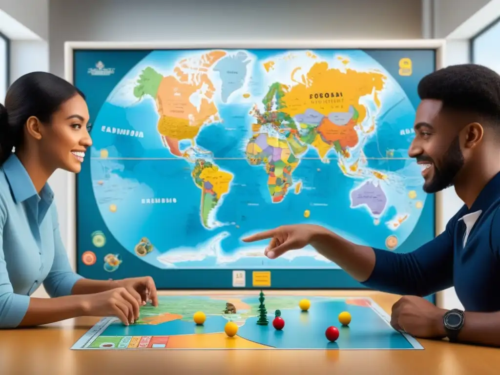 Grupo de estudiantes interactuando con entusiasmo en un juego de mesa de geografía en un aula