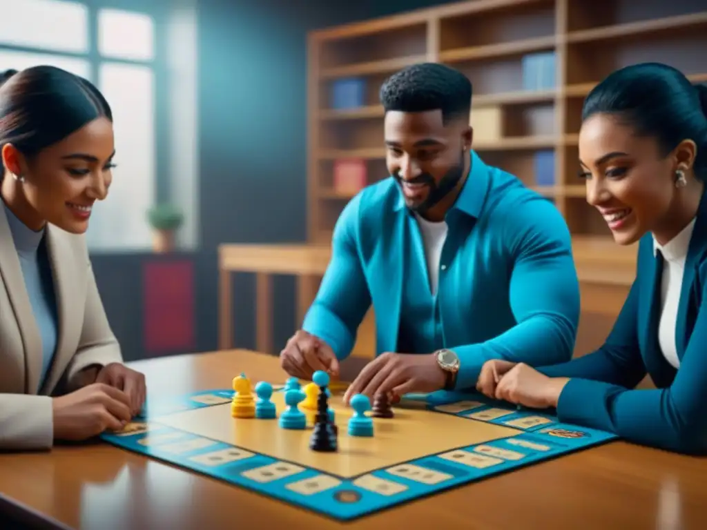 Grupo de estudiantes diversos disfrutando de un juego de mesa estratégico en un aula