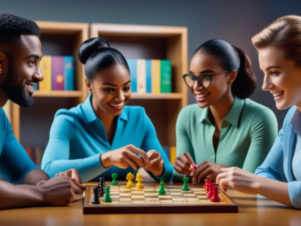 Grupo de estudiantes diversos disfrutando de juegos educativos, fomentando trayectorias de éxito