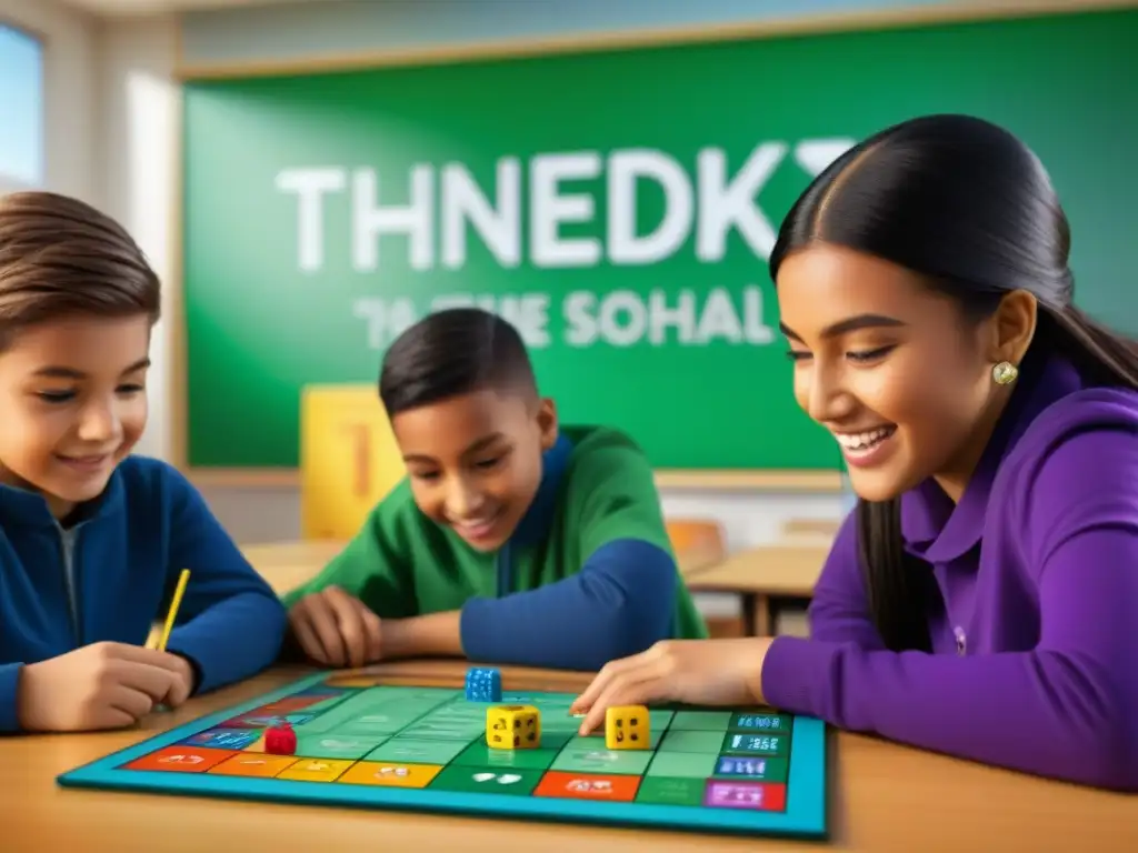 Grupo de estudiantes disfrutando de juegos de mesa educativos matemáticas en aula escolar