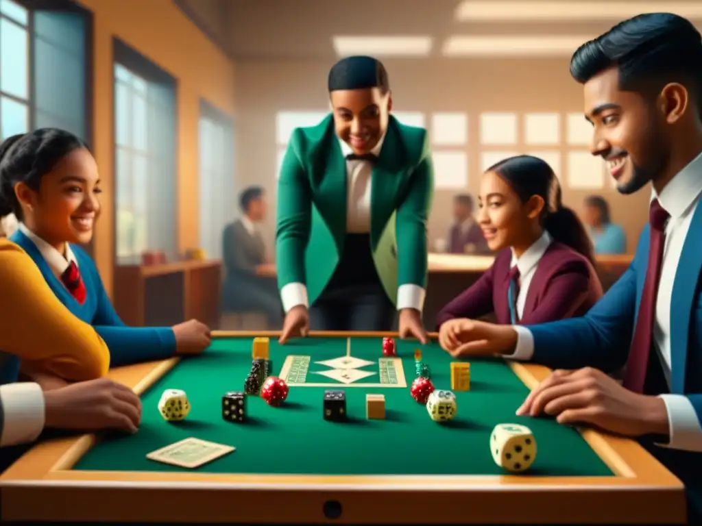 Grupo de estudiantes de primaria juegan emocionados un juego de mesa para aprender matemáticas, rodeados de juegos educativos