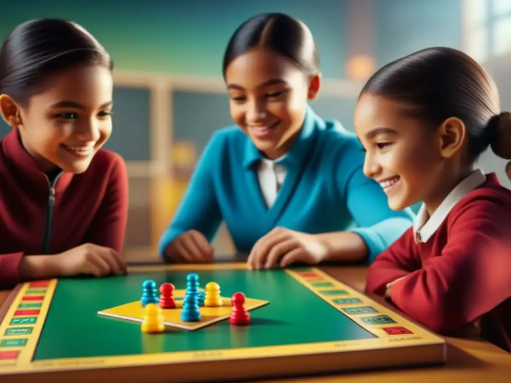 Grupo de estudiantes de primaria disfrutando y aprendiendo con un juego de mesa educativo en un aula iluminada