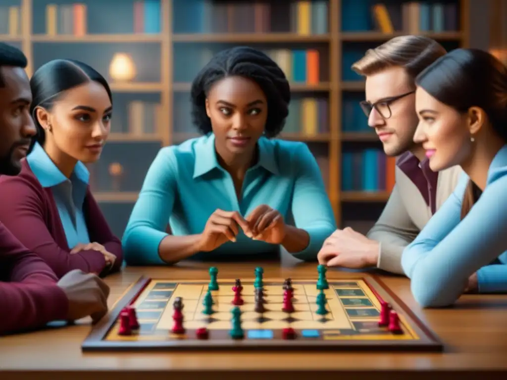 Estudiantes universitarios concentrados en un juego estratégico de equipo Grupo de estudiantes universitarios concentrados en un juego de mesa estratégico en un ambiente educativo acogedor