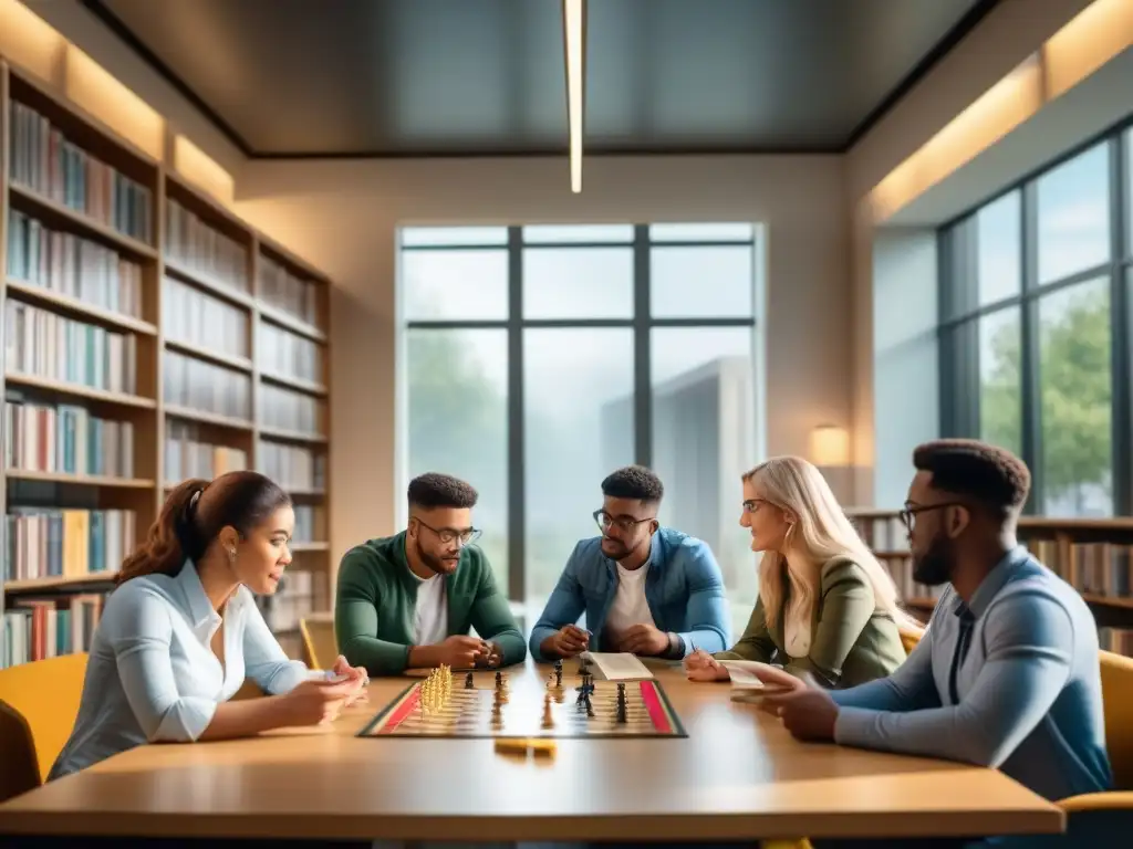 Grupo de estudiantes universitarios concentrados en un juego de mesa estratégico en la biblioteca del campus