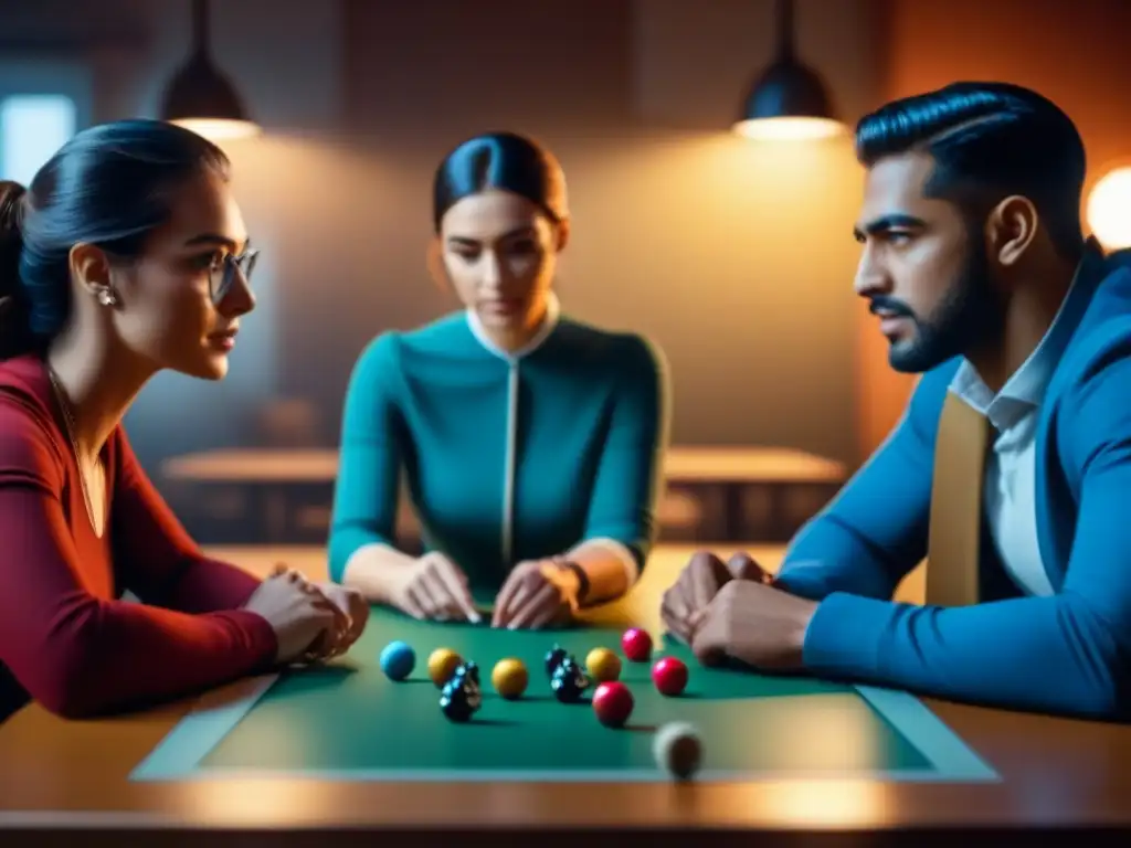 Grupo de estudiantes universitarios inmersos en un juego de mesa estratégico, promoviendo habilidades de negociación