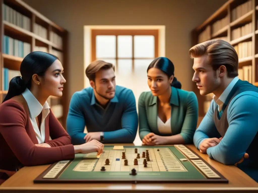 Grupo de estudiantes universitarios inmersos en la enseñanza de historia con juegos de mesa, rodeados de libros y artefactos históricos