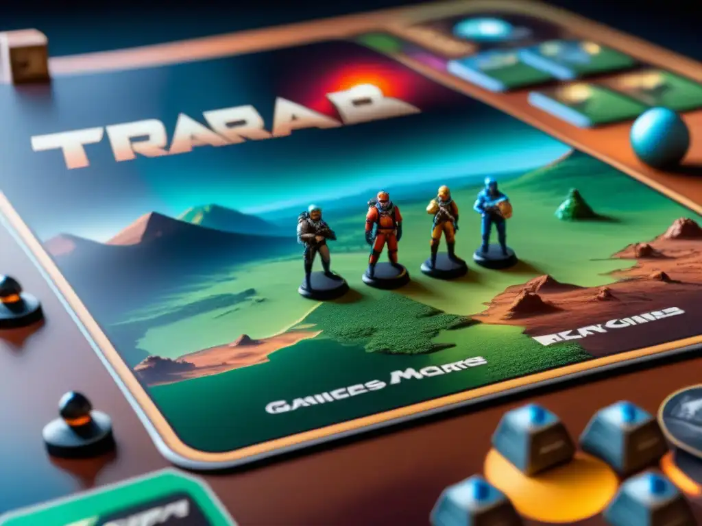 Un grupo de fanáticos de Terraforming Mars, concentrados en el juego de estrategia, discuten con emoción, rodeados de accesorios