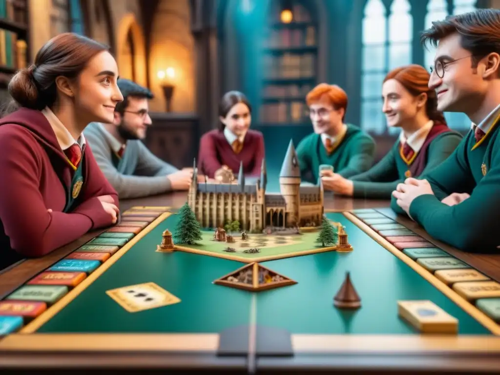 Un grupo de fans de Harry Potter de diferentes edades juegan emocionados a juegos de mesa de Harry Potter, mostrando camaradería y diversión