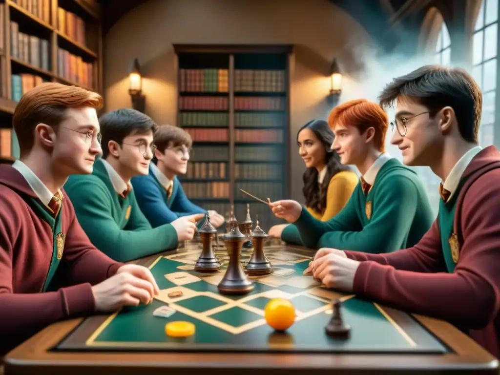 Grupo de fans de Harry Potter disfrutando intensamente del juego de mesa de Harry Potter, inmersos en la magia del mundo del mago