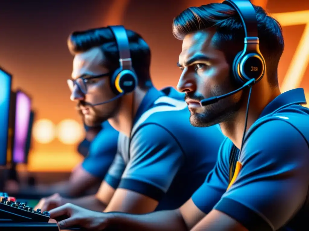 Intensa estrategia de gamers en acción Un grupo de gamers concentrados en estrategias para influenciar oponentes en juegos de estrategia