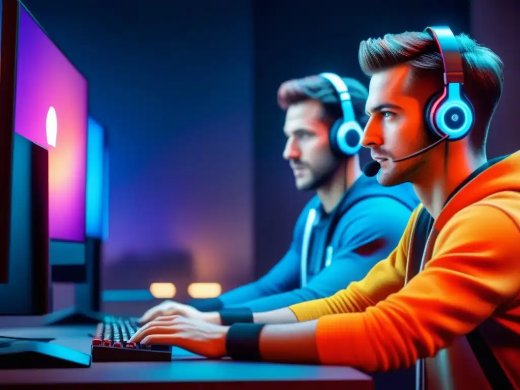 Un grupo de gamers emocionados se concentran en una estrategia de email marketing juegos, iluminados por la pantalla brillante