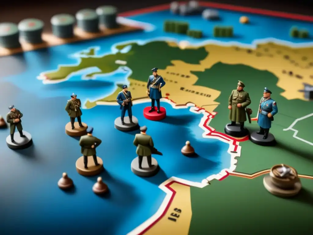 Grupo de generales de la Segunda Guerra Mundial planificando estrategias Axis & Allies victorias en un mapa de Europa