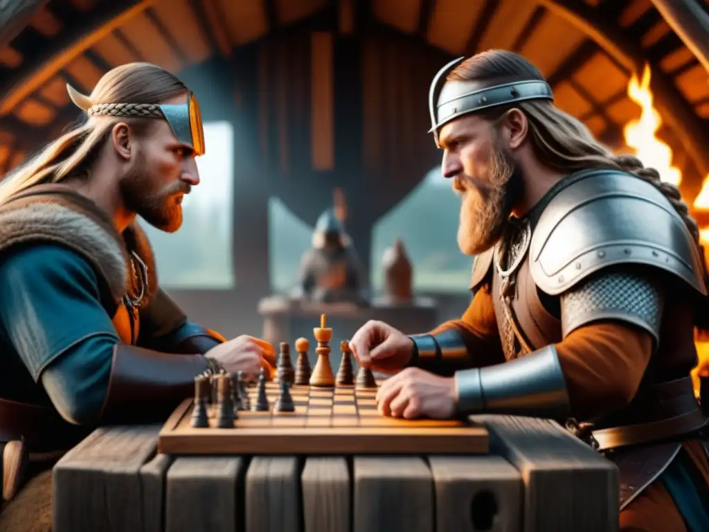 Grupo de guerreros vikingos juegan Hnefatafl junto al fuego, mostrando estrategia y valentía en un antiguo hogar vikingo