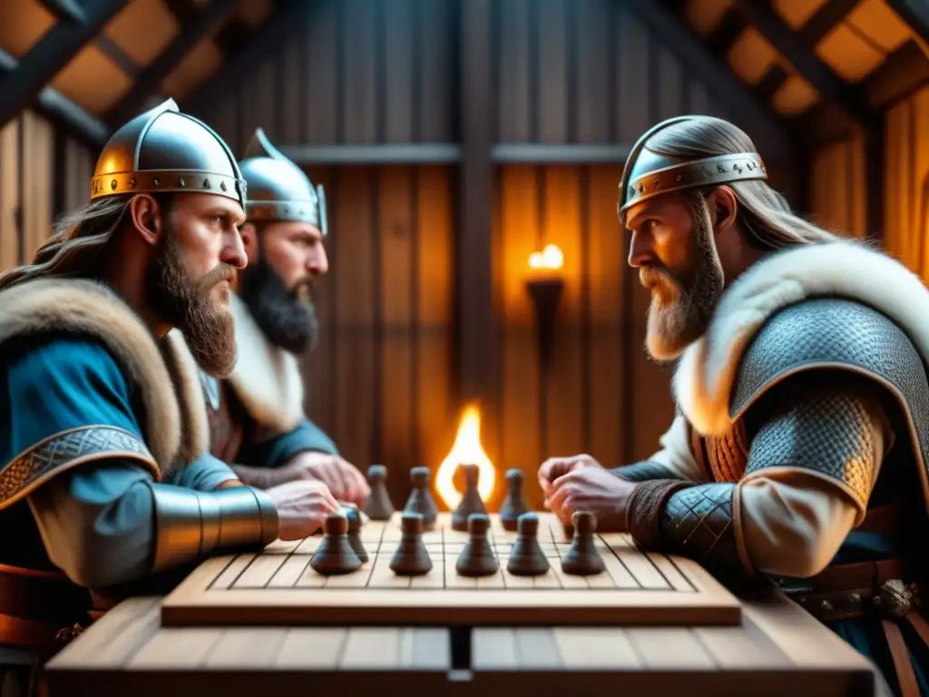 Grupo de guerreros vikingos en juego estratégico de Hnefatafl, en casa iluminada con antorchas, destacando valentía y estrategia