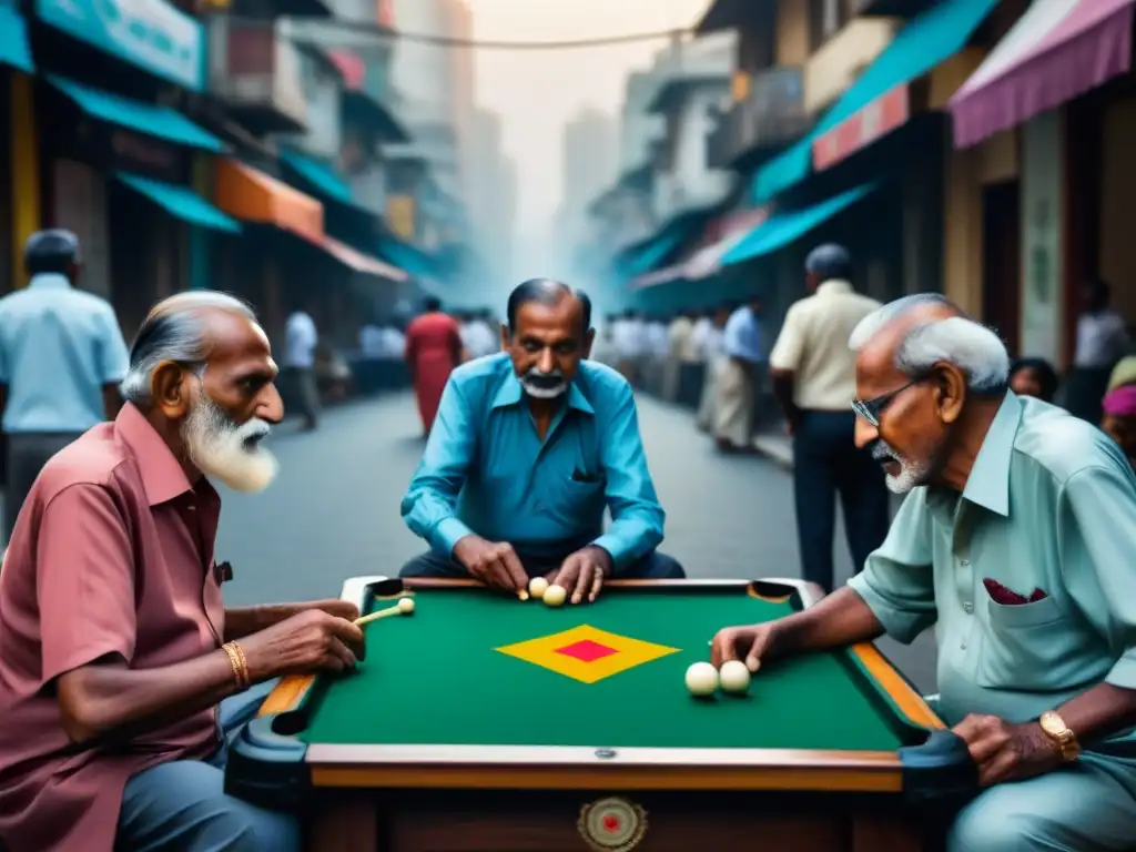 Grupo de hombres mayores juegan Carrom en bulliciosa calle de Mumbai, reflejando la historia del juego de Carrom en la sociedad india