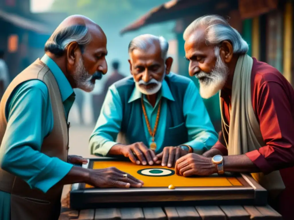 Grupo de hombres mayores concentrados en un juego de Carrom en un bullicioso mercado indio, reflejando la historia del juego de Carrom