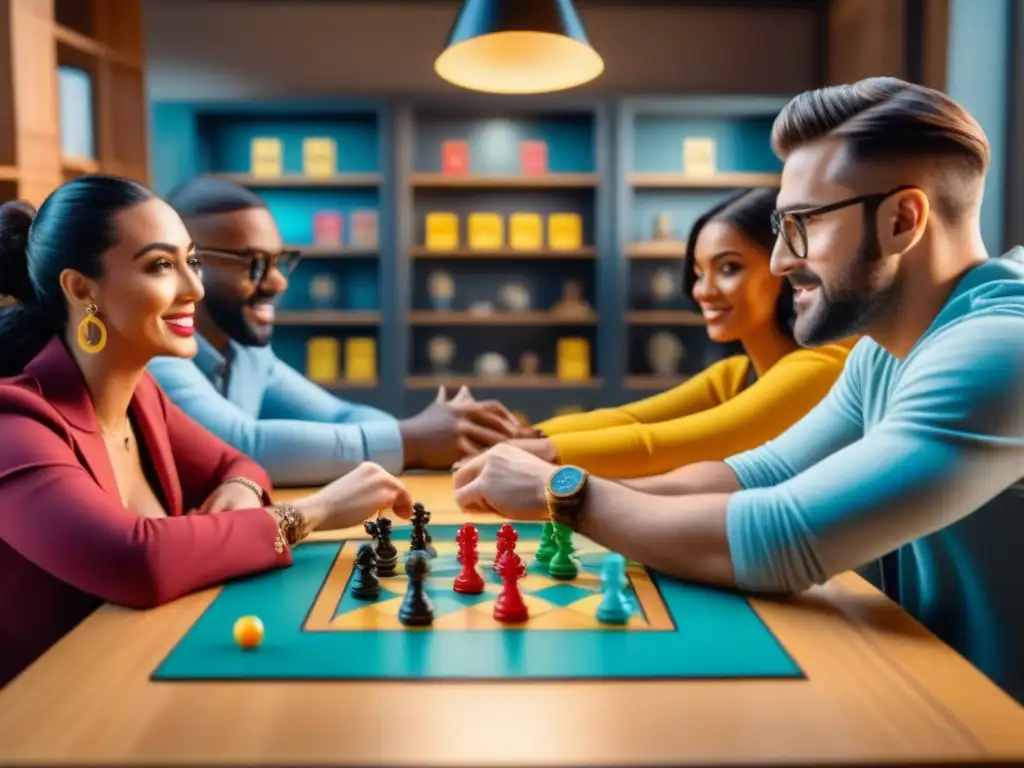 Influencers de juegos de mesa: pasión auténtica y diversión compartida Grupo de influencers de juego de mesa auténticos disfrutando apasionadamente de una sesión de juegos