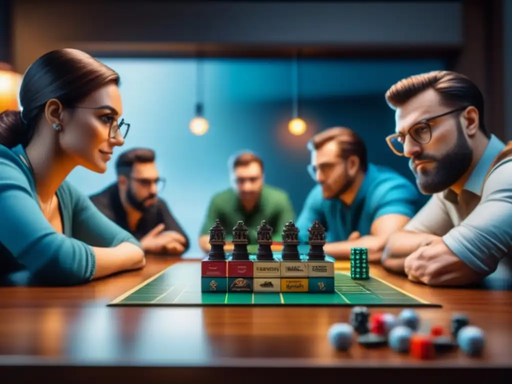 Grupo de influencers de juegos de mesa debatiendo estrategias colaborativas con entusiasmo y concentración en una mesa llena de juegos y dados