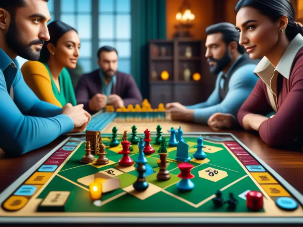 Grupo de influencers en ventas juegos de mesa disfrutando de una partida estratégica de 'Los Colonos de Catán', inmersos en un ambiente acogedor y lleno de color