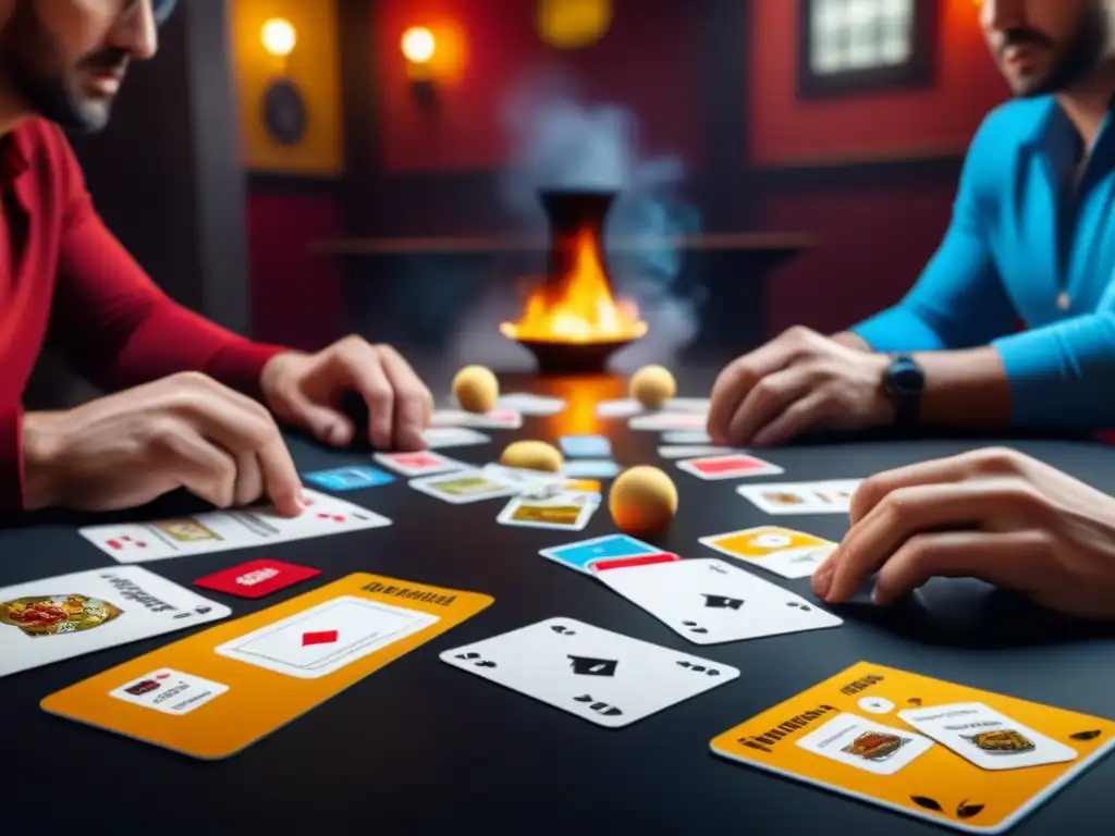 Grupo inmerso en estrategias disruptivas Exploding Kittens, expresiones de concentración y anticipación en sus rostros