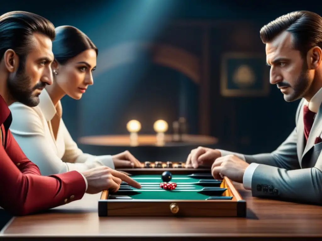 Un grupo inmerso en un intenso juego de backgammon en un tablero bellamente elaborado