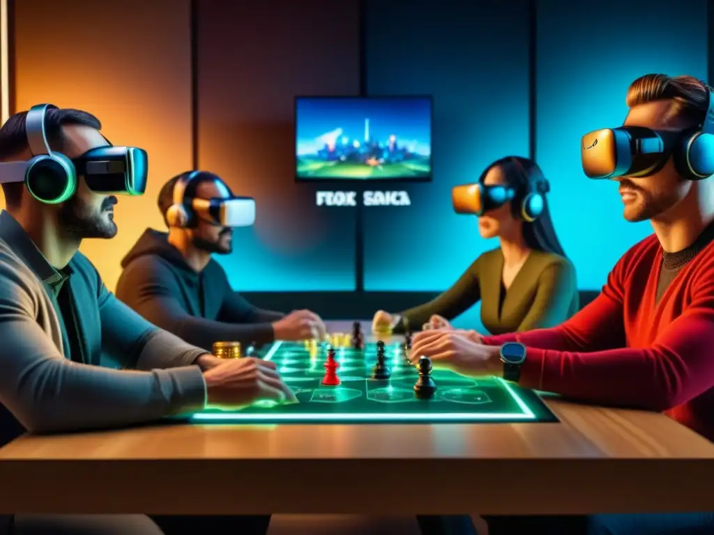 Grupo inmerso en juego mesa VR futurista, interactuando con hologramas