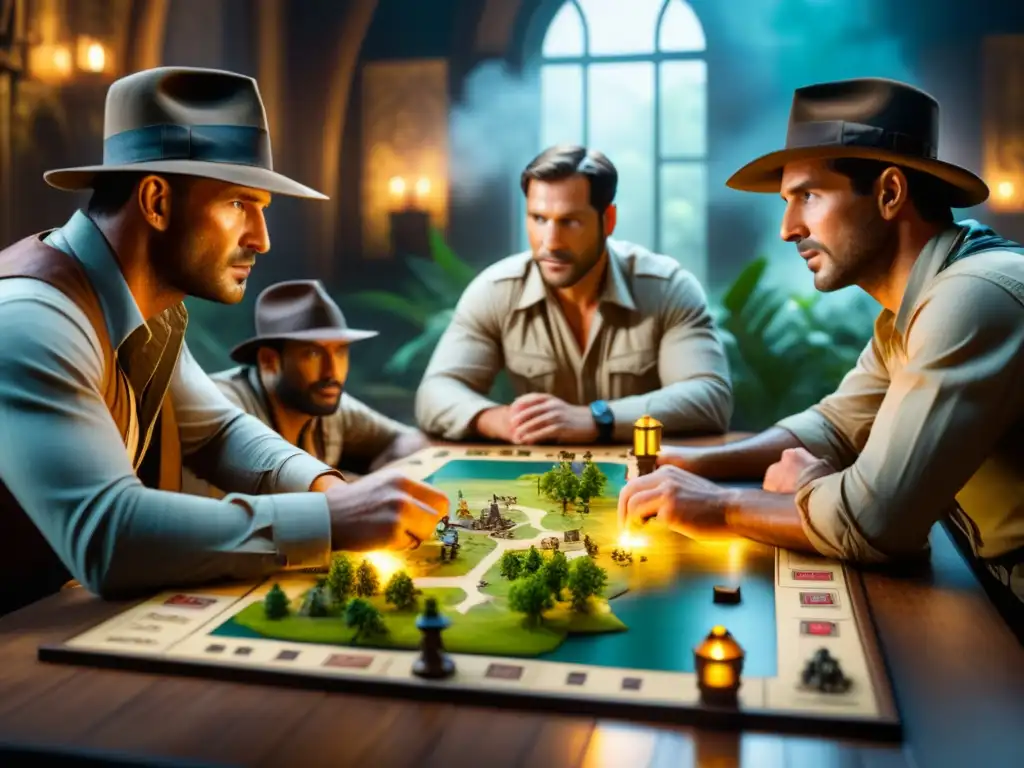 Grupo inmerso en juego de mesa inspirado en Indiana Jones, con tablero de templos y mapas