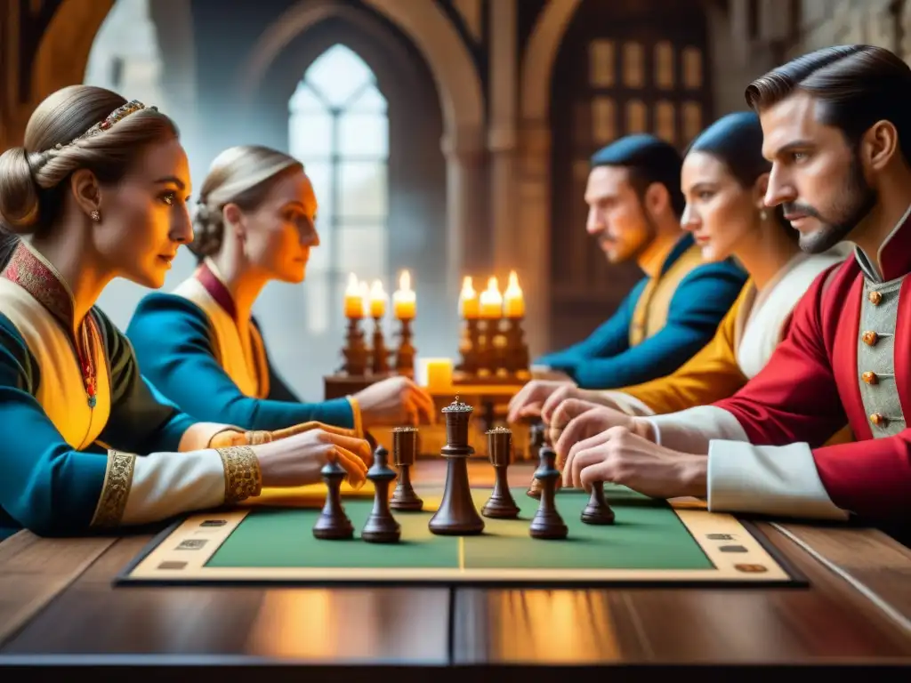 Grupo inmerso en un juego de mesa histórico en un castillo medieval, con detalles elaborados