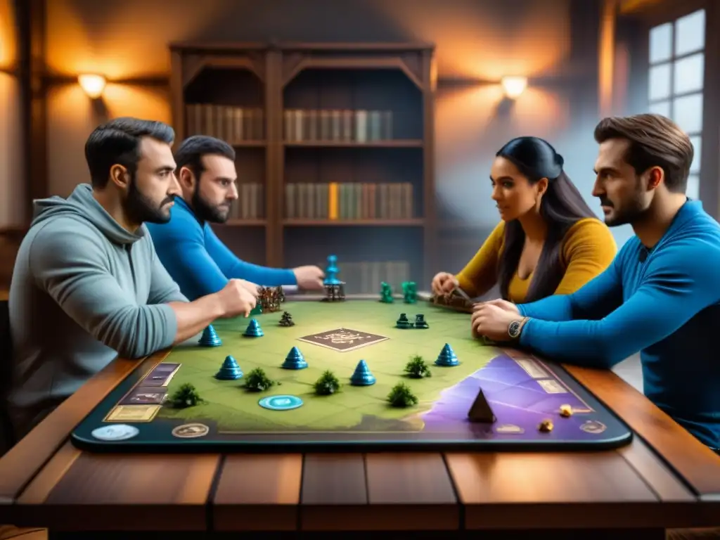 Grupo inmerso en juego de mesa estratégico Revolution Gloomhaven, expresiones intensas, trabajo en equipo, ambiente educativo