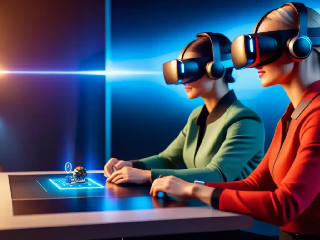 Grupo inmerso en diseño juego mesa realidad virtual, interactuando con hologramas en entorno futurista