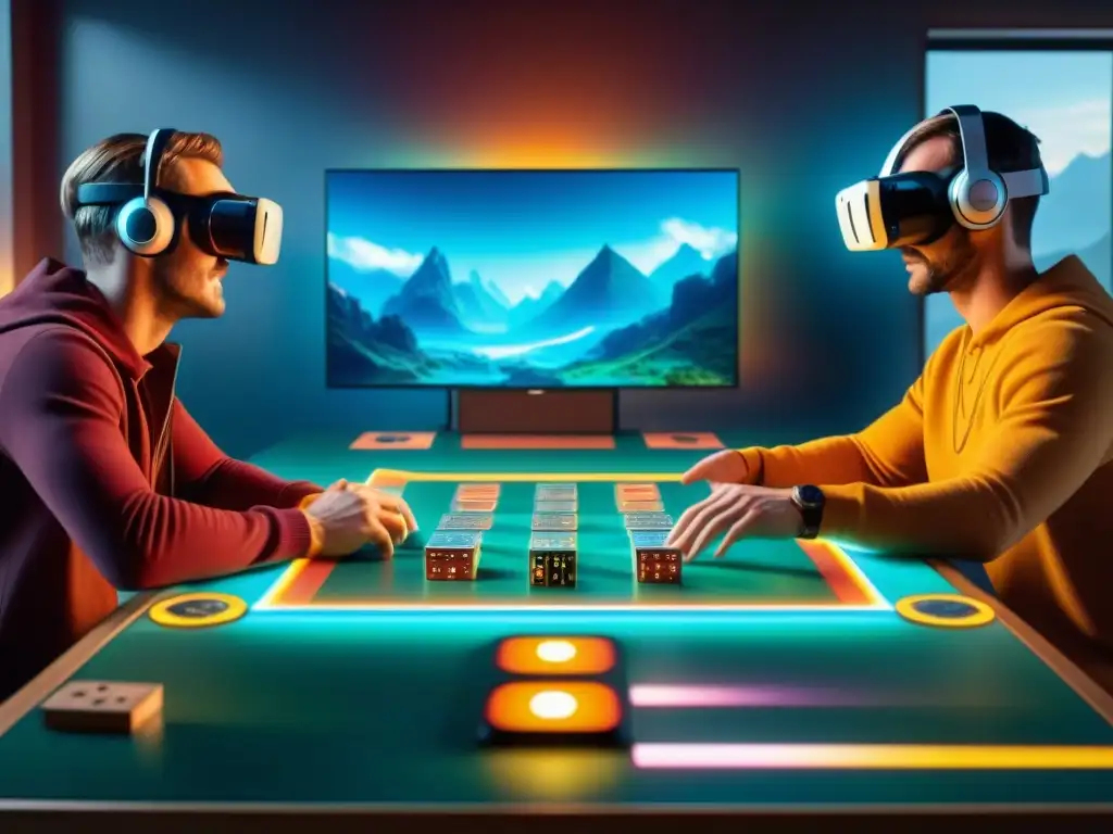 Juego de mesa futurista: inmersión total en realidad virtual Grupo inmerso en juego de mesa futurista con Realidad Virtual en ambiente vibrante y futurista
