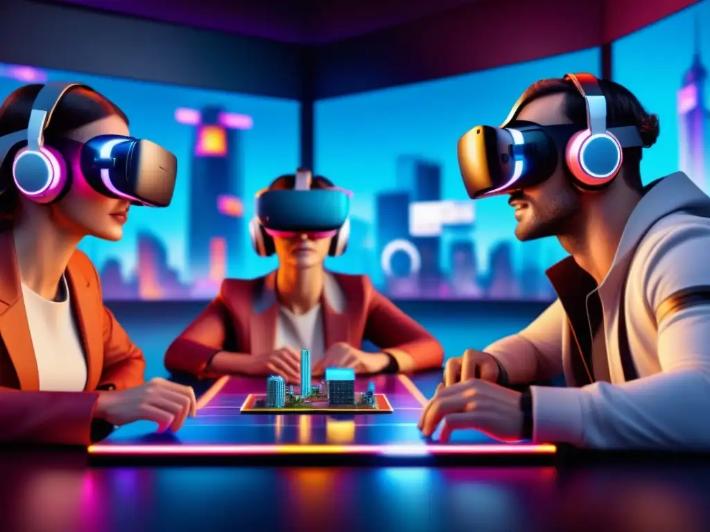 Grupo inmerso en juego mesa VR en ciudad futurista con hologramas y luces neón