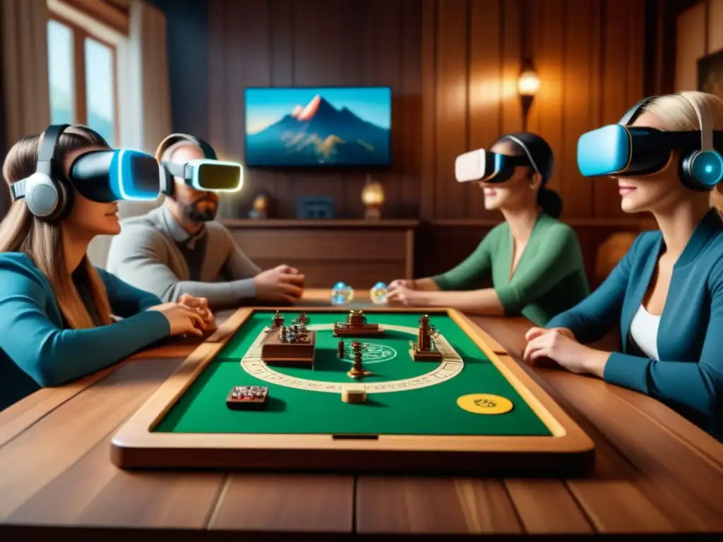 Grupo inmerso en juegos de mesa Realidad Virtual, con expresiones de emoción y concentración