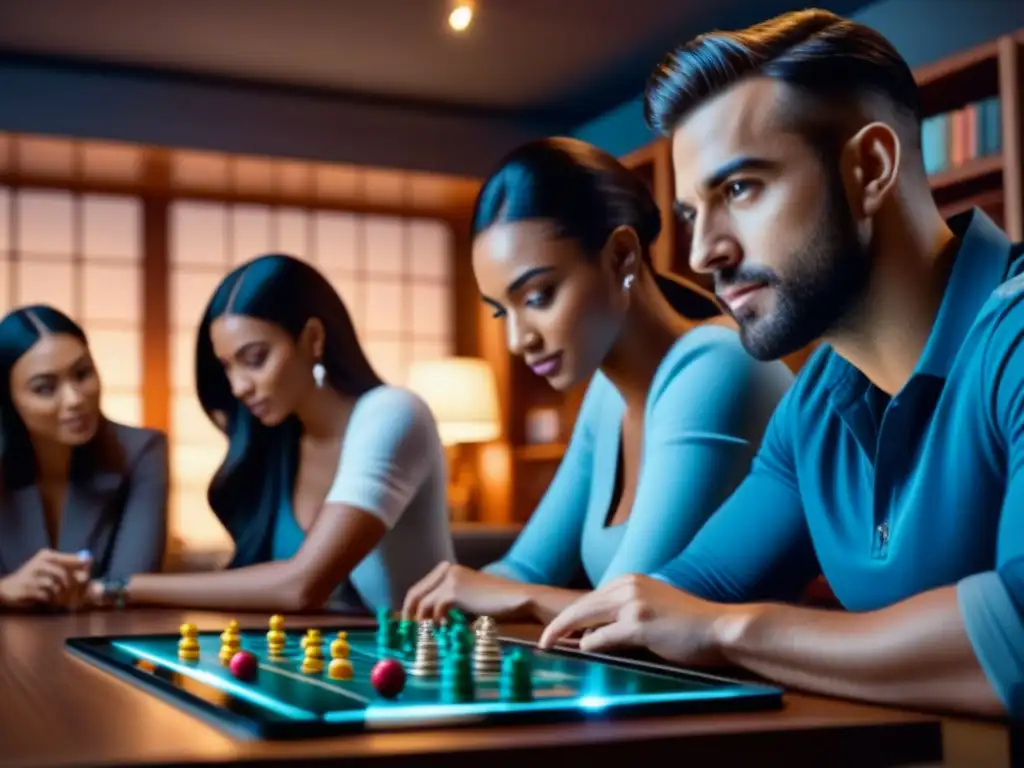 Grupo de jóvenes concentrados y emocionados jugando un juego de mesa digital en una habitación tenue