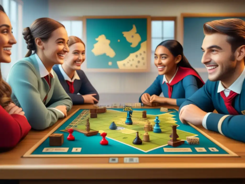 Grupo de jóvenes estudiantes sonrientes juegan un juego de mesa histórico en un aula vibrante