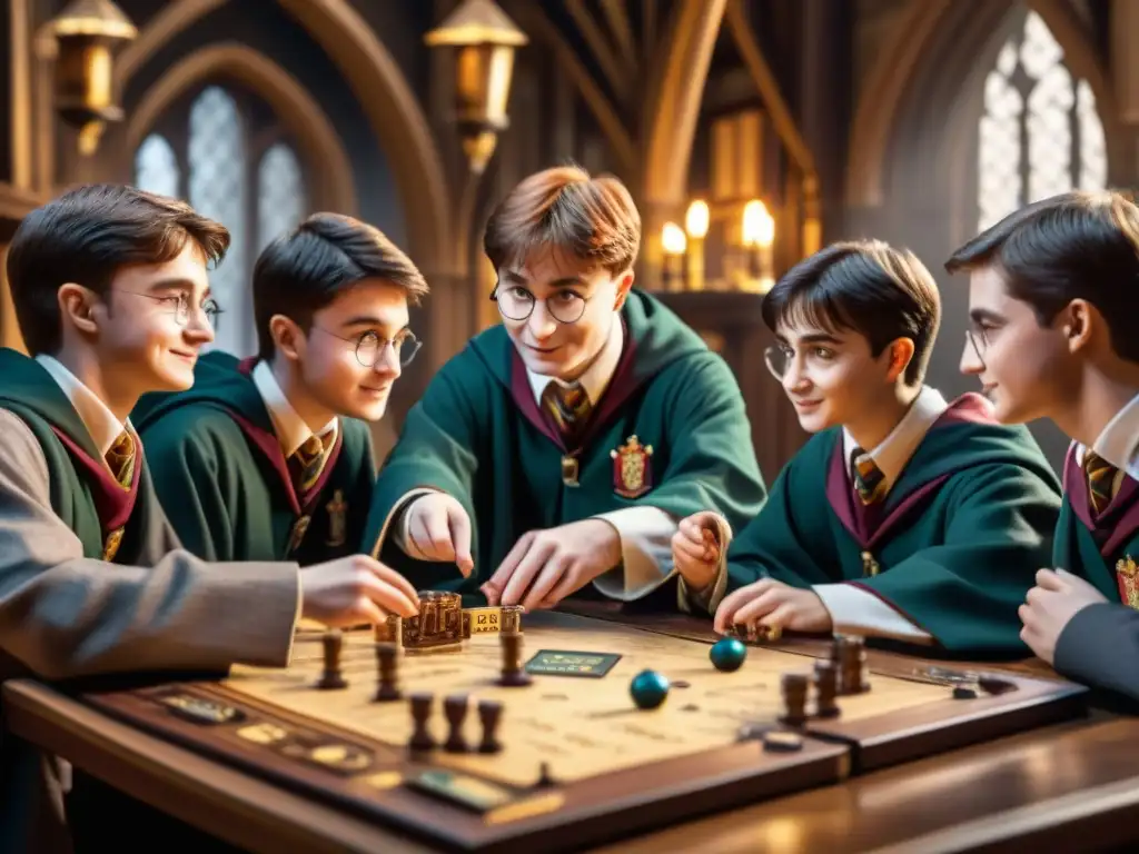 Un grupo de jóvenes estudiantes en túnicas de Hogwarts juegan un detallado juego de mesa de Harry Potter, rodeados de artefactos mágicos