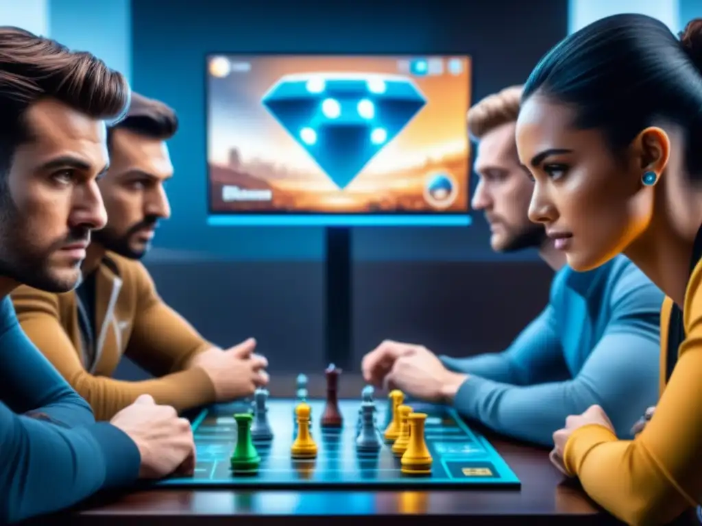 Un grupo de jóvenes juega un juego de mesa futurista con inteligencia artificial, creando estrategias frente a la máquina