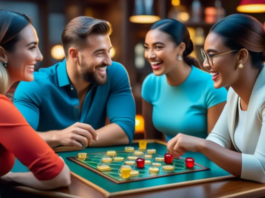 Grupo de jóvenes disfrutando de una partida de Catan en un bar moderno, ambientado con juegos de mesa y cócteles