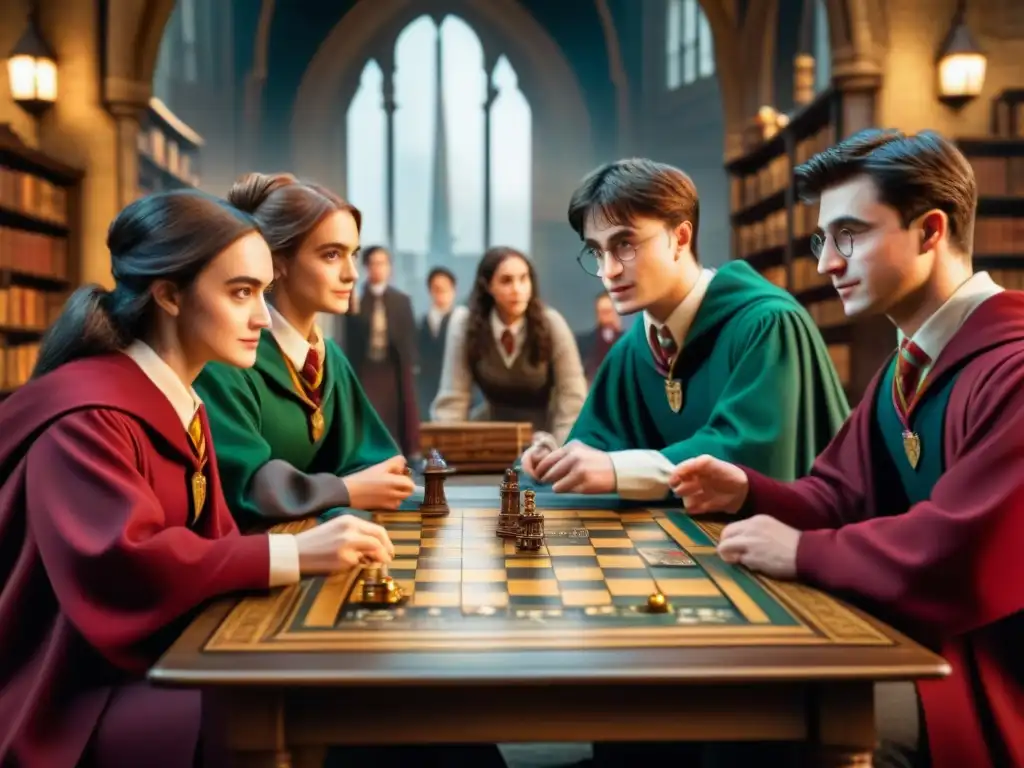 Un grupo de jóvenes vestidos con túnicas de mago juegan un juego de mesa de Harry Potter en una habitación mágica y detallada