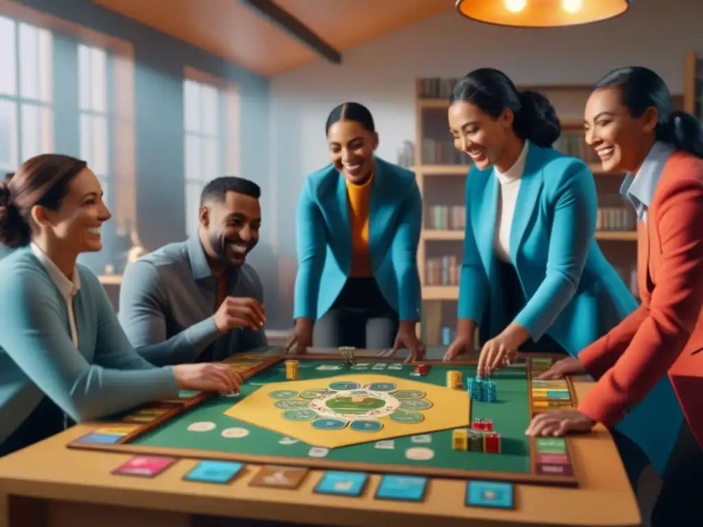 Grupo disfruta un juego de mesa en sala soleada con estanterías llenas de juegos y contenedores desbordantes de piezas