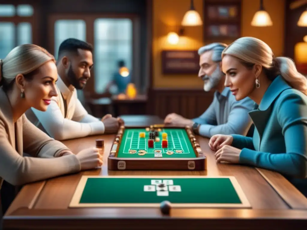 Grupo jugando juegos de mesa en café acogedor, ambiente cálido y vibrante