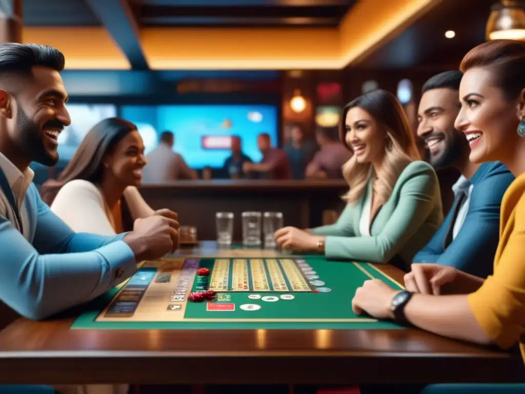 Grupo disfruta de juegos de mesa en un bar trendy, risas y estrategias en ambiente acogedor con estanterías llenas de juegos