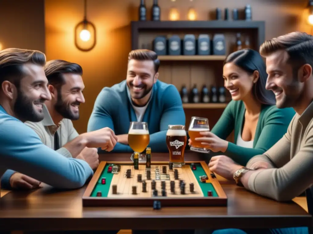 Un grupo disfrutando de juegos de mesa y cervezas artesanales en un ambiente acogedor