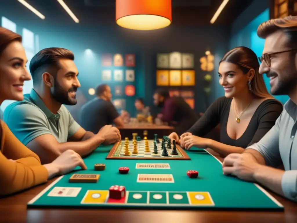 Grupo disfruta de juegos de mesa modernos en vibrante café, mostrando reseñas y emoción