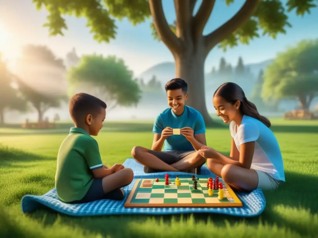 Grupo de niños divirtiéndose con juegos de mesa portátiles en un campo verde, bajo un árbol frondoso