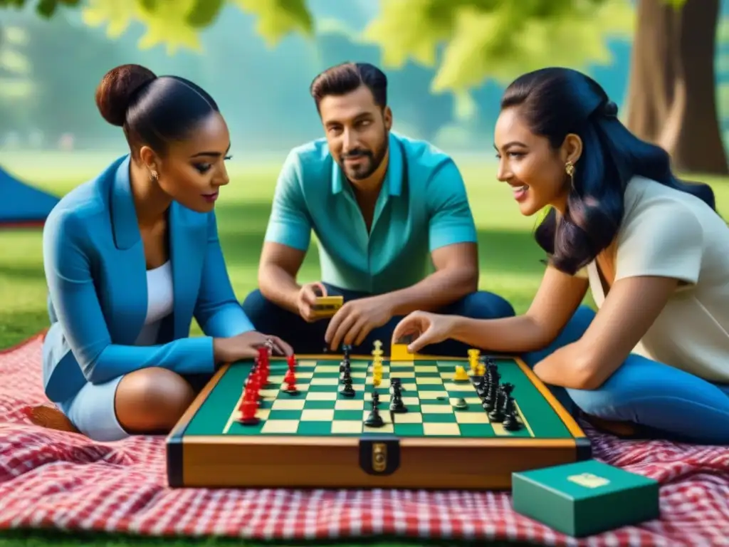 Grupo disfrutando de juegos de mesa portátiles en el parque, sumergidos en estrategias y diversión bajo un árbol frondoso