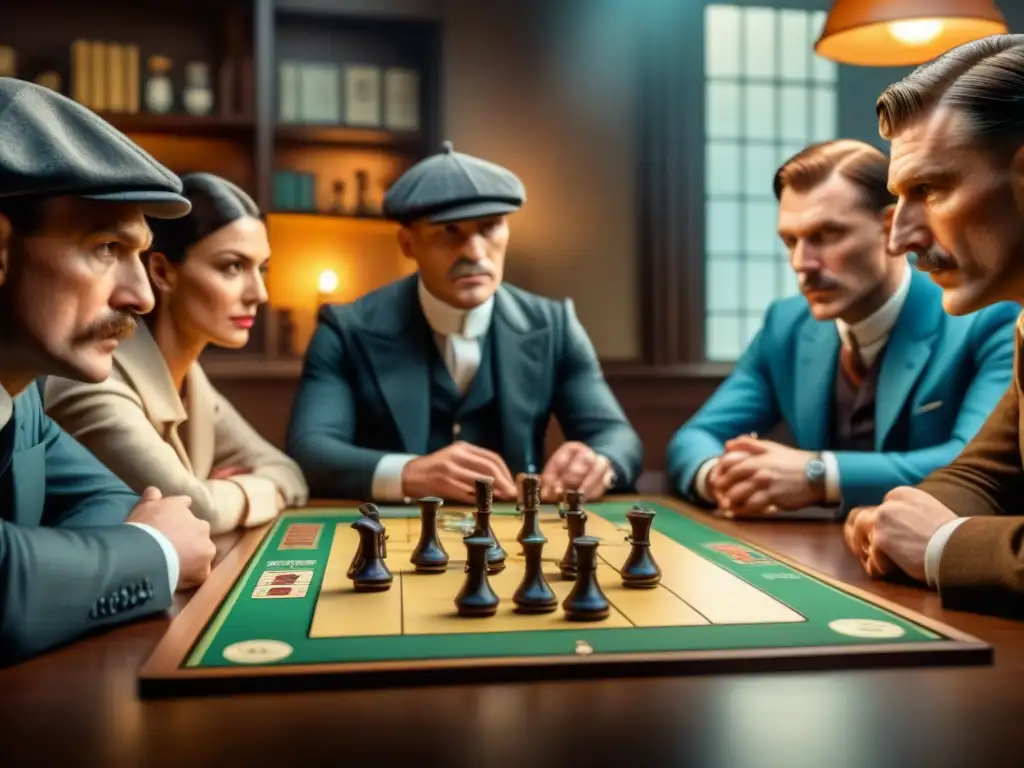 Un grupo de jugadores concentrados en 'Peaky Blinders: Bajo el Mando', planeando estrategias en una atmósfera de juego de mesa