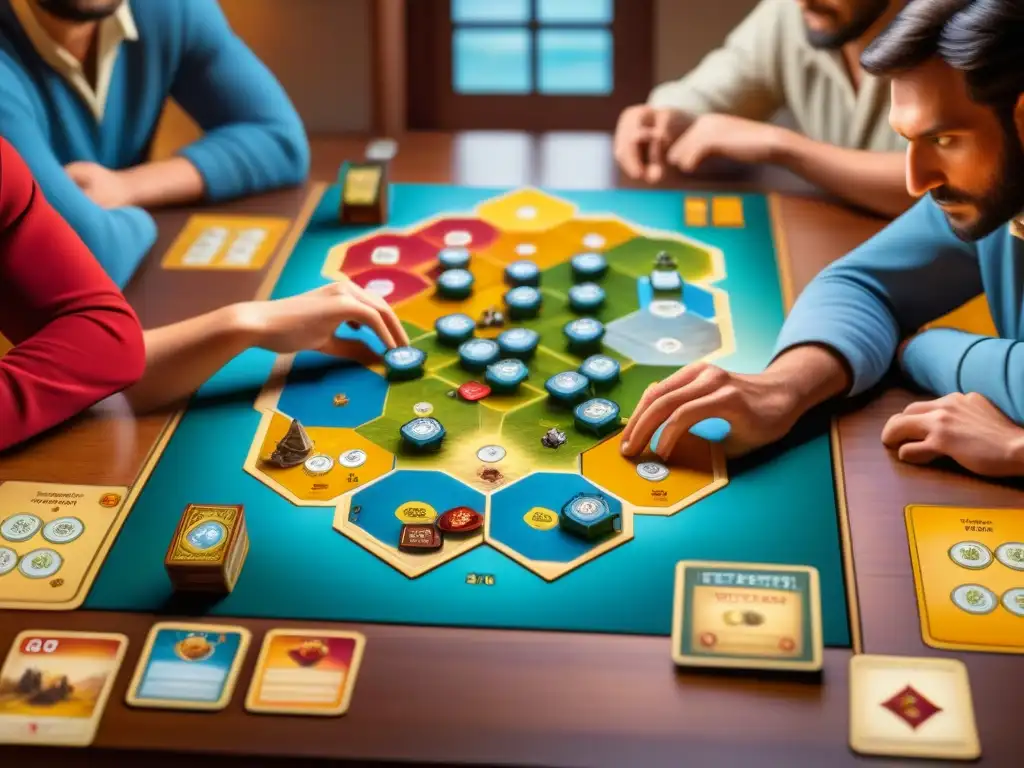 Un grupo de jugadores concentrados y emocionados estrategias Catan juego cartas dominar en una intensa partida de Catan