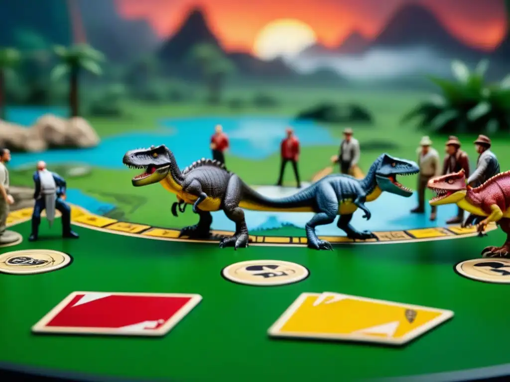 Un grupo de jugadores concentrados en Estrategias Jurassic Park juego mesa, rodeados de piezas y dinosaurios en un tablero detallado