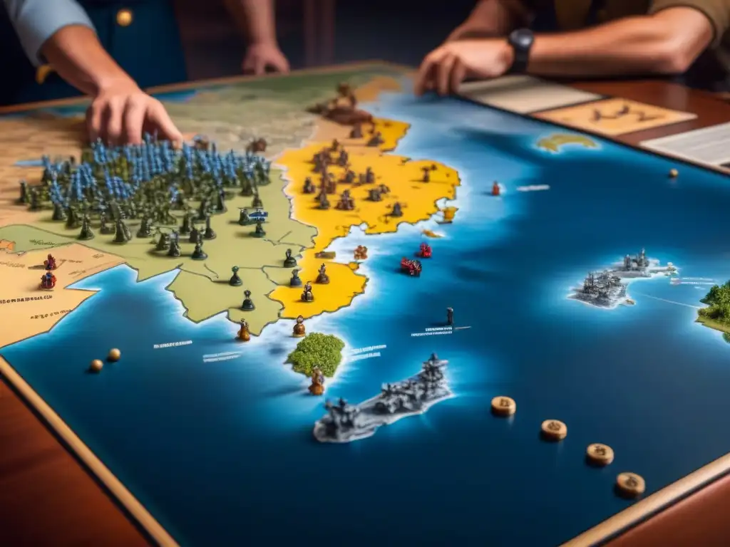 Grupo de jugadores concentrados en Estrategias Axis & Allies Segunda Guerra, inmersos en intensa partida de estrategia